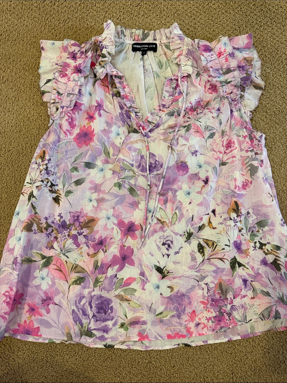 Generation Love Women’s Small Purple Pink Floral Ruffle V-Neck Top
